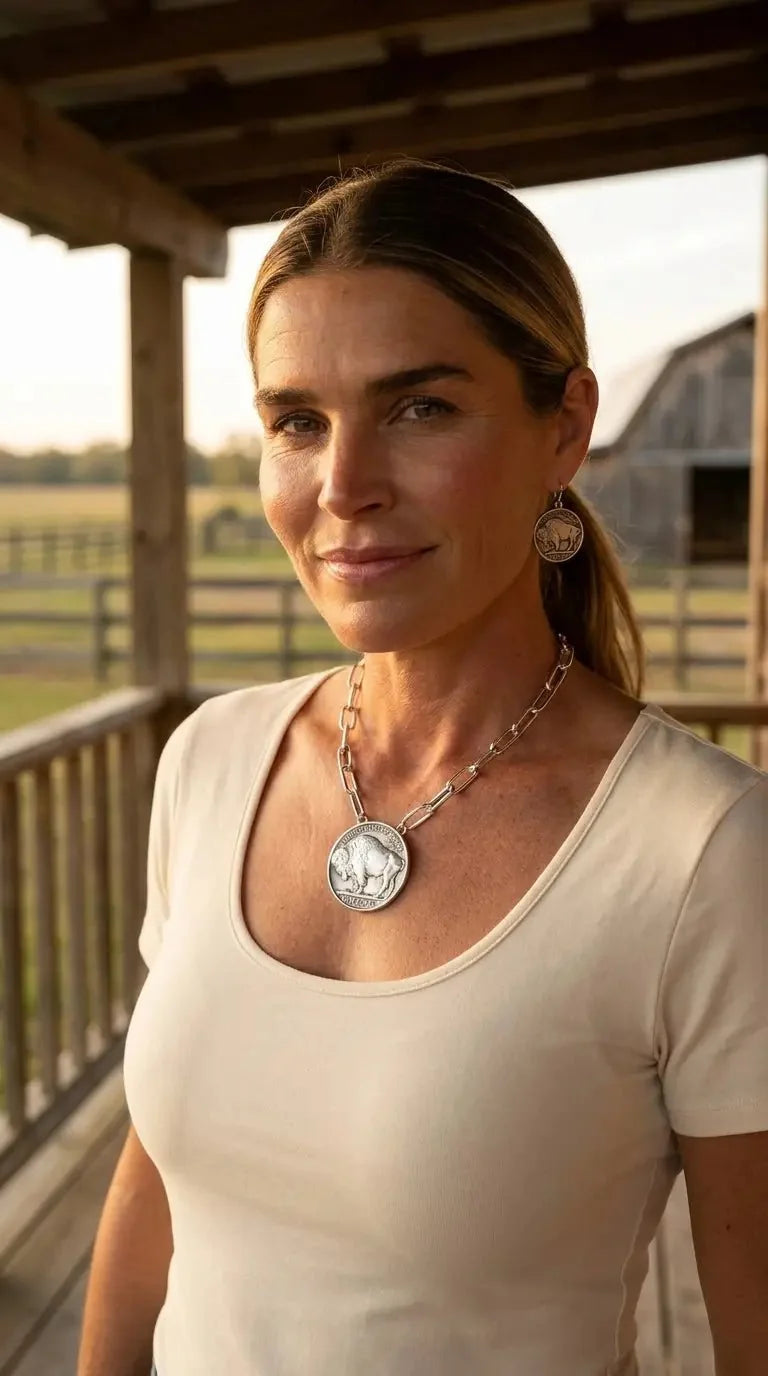 Silver Western Buffalo Coin Statement Choker & Earring Set — Oversized Coin Pendant
