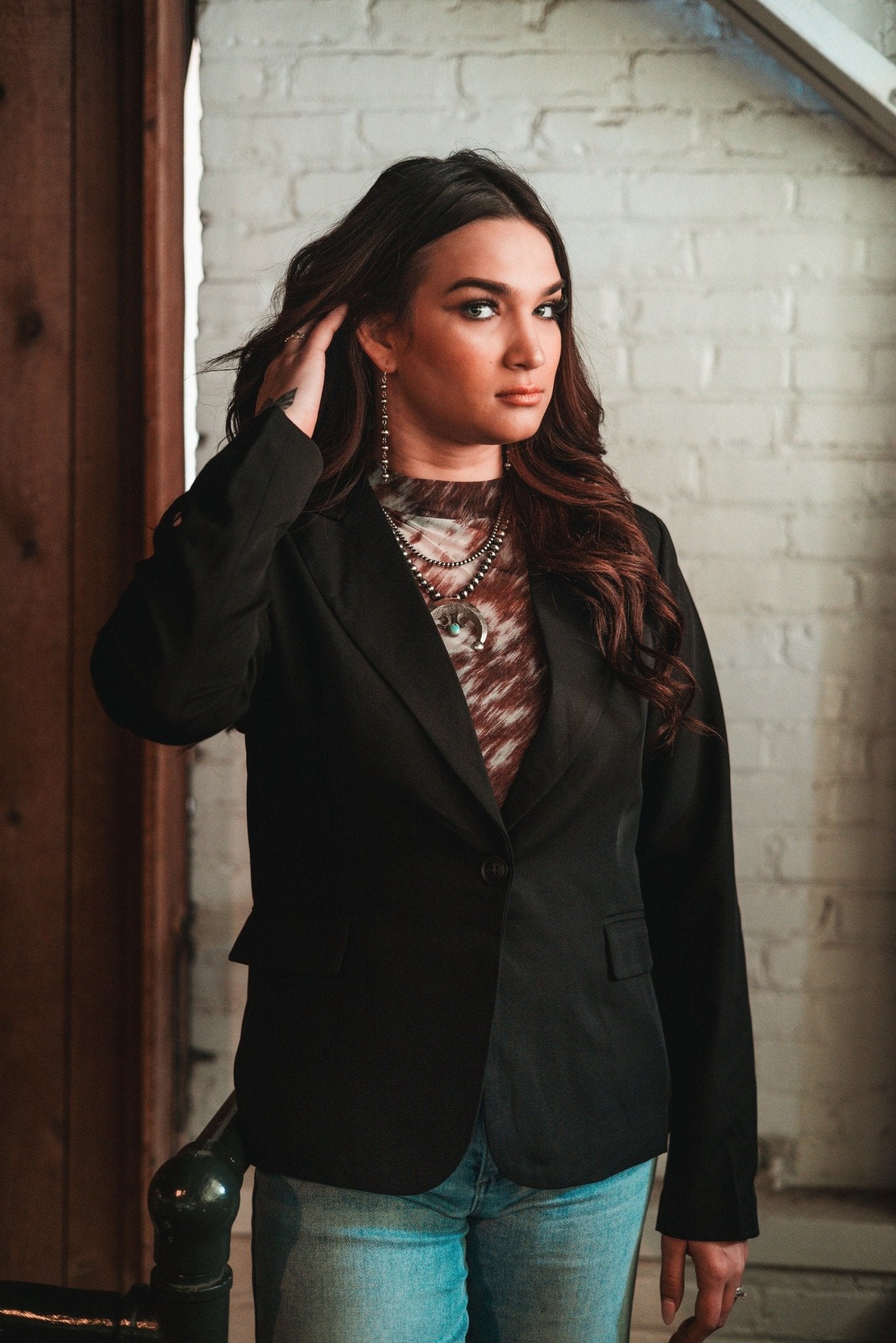 HYFVE Single-Button Notched Lapel Western Blazer — Black with Collared Neck & Front Flap Pockets