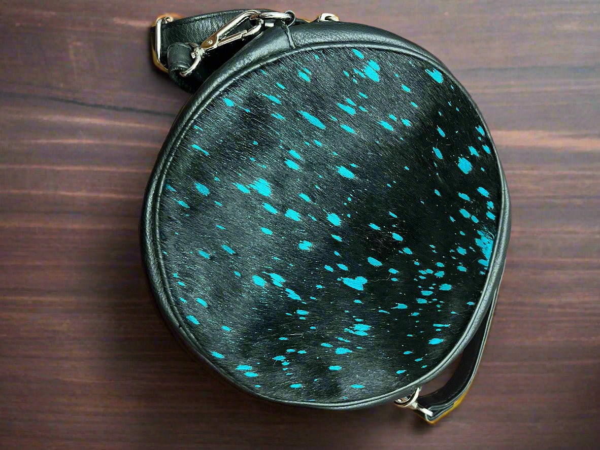Western Small Canteen Crossbody Bag — Black & Turquoise Metallic Cowhide (9" Round)