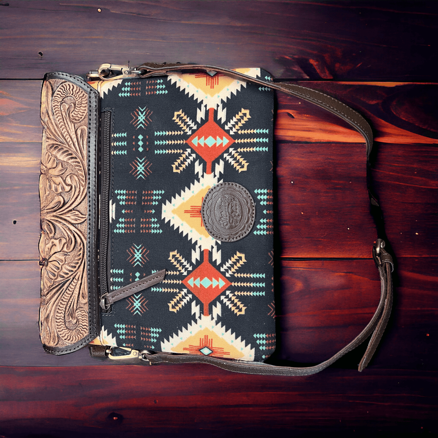 Sterling Kreek "South Point" Tooled Real Leather Crossbody Bag — Black Aztec Western Statement