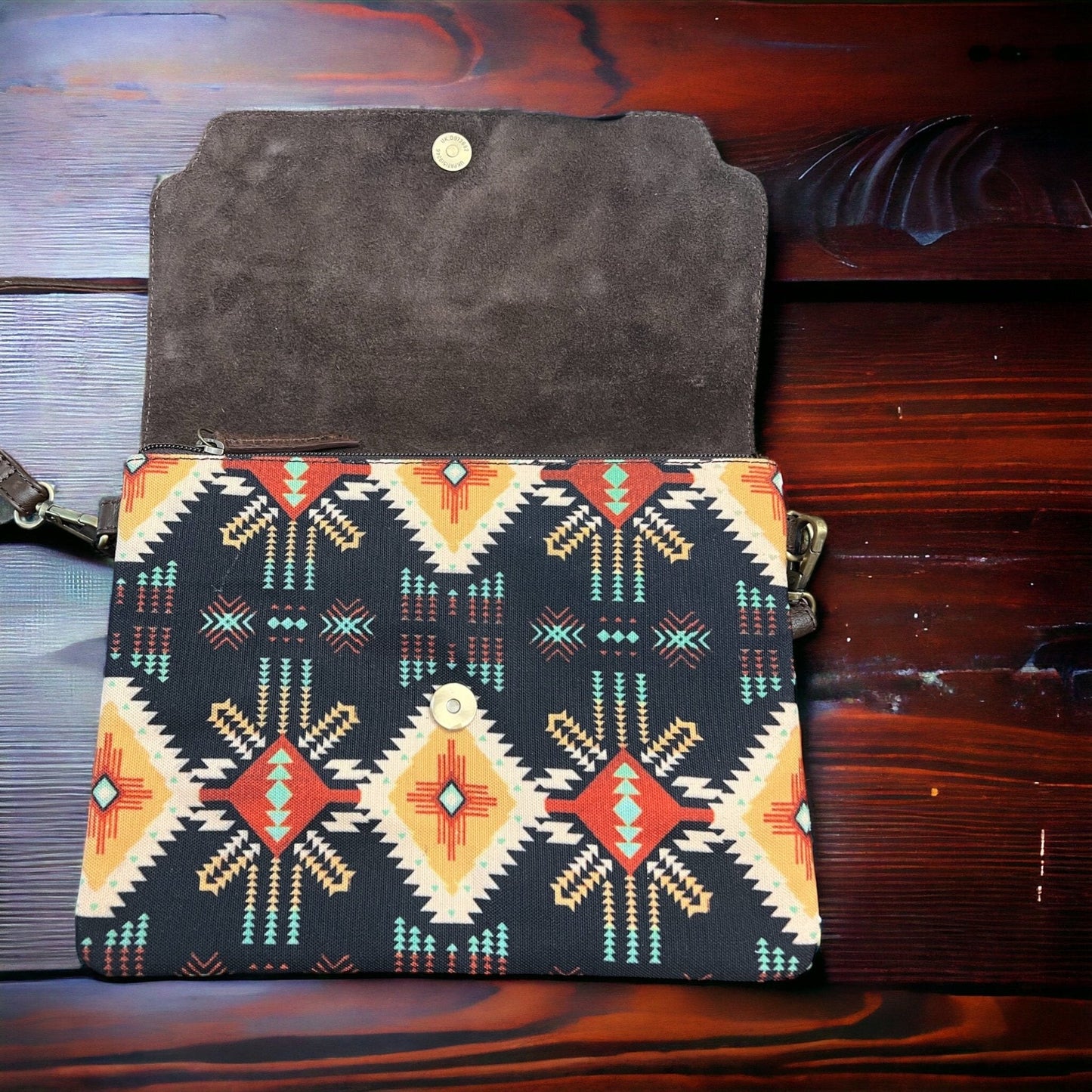 Sterling Kreek "South Point" Tooled Real Leather Crossbody Bag — Black Aztec Western Statement