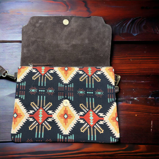 Sterling Kreek "South Point" Tooled Real Leather Crossbody Bag — Black Aztec Western Statement