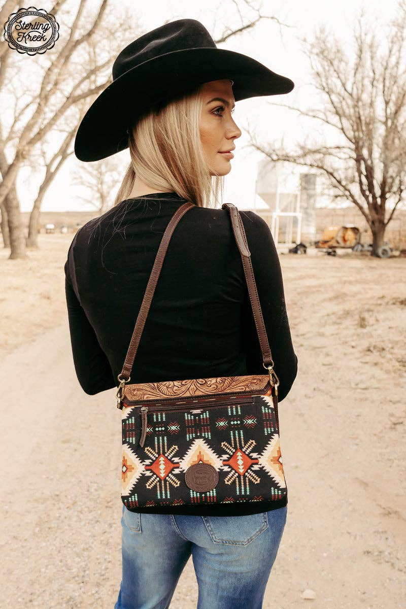 Sterling Kreek "South Point" Tooled Real Leather Crossbody Bag — Black Aztec Western Statement