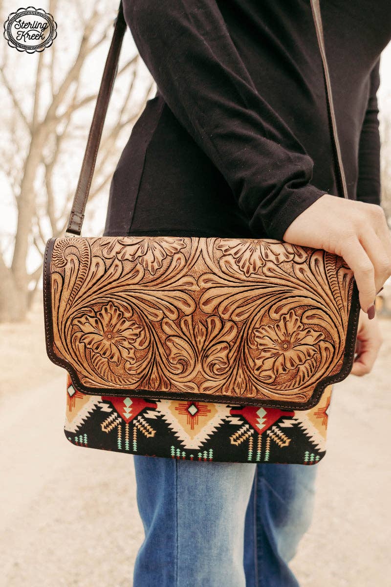 Sterling Kreek "South Point" Tooled Real Leather Crossbody Bag — Black Aztec Western Statement