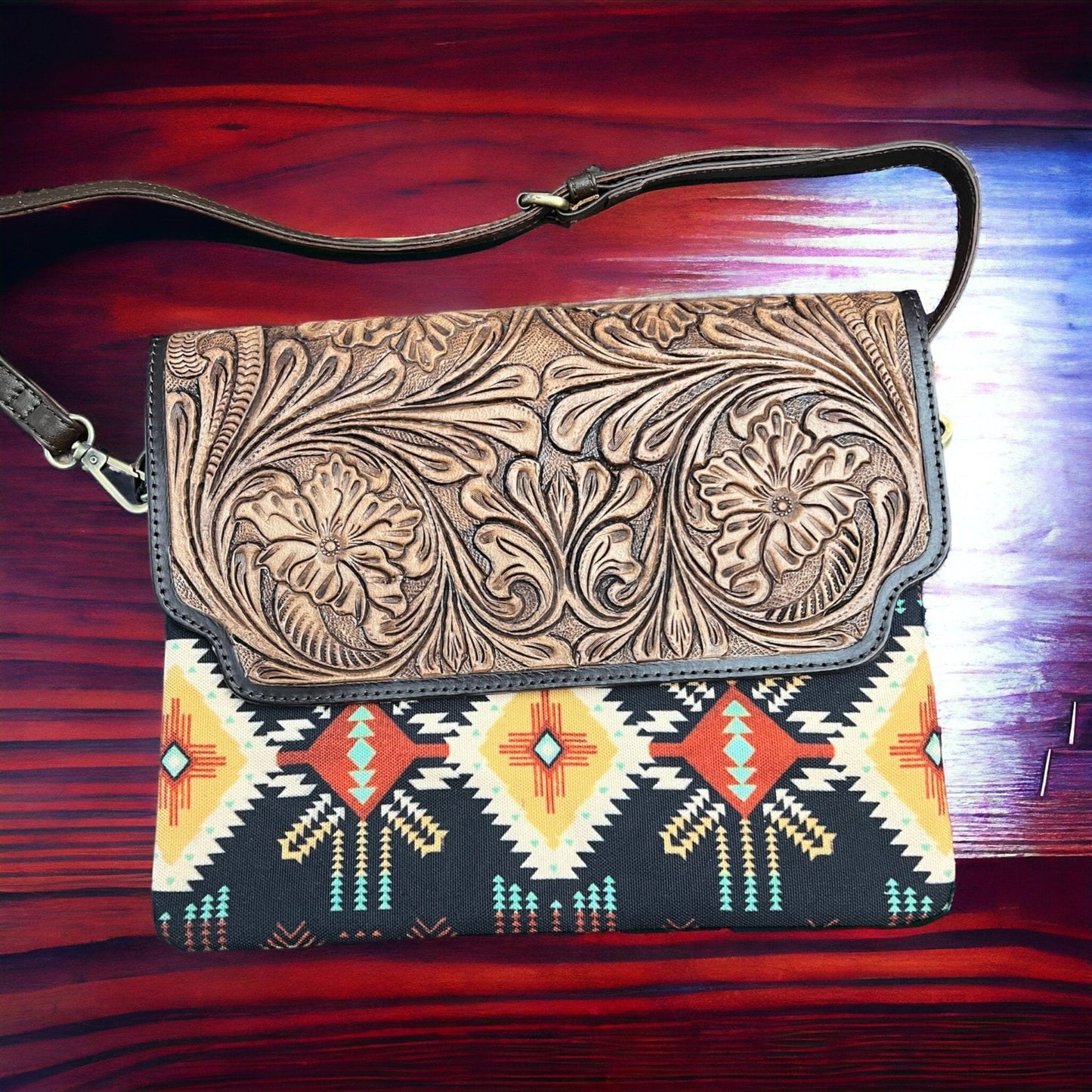 Sterling Kreek "South Point" Tooled Real Leather Crossbody Bag — Black Aztec Western Statement