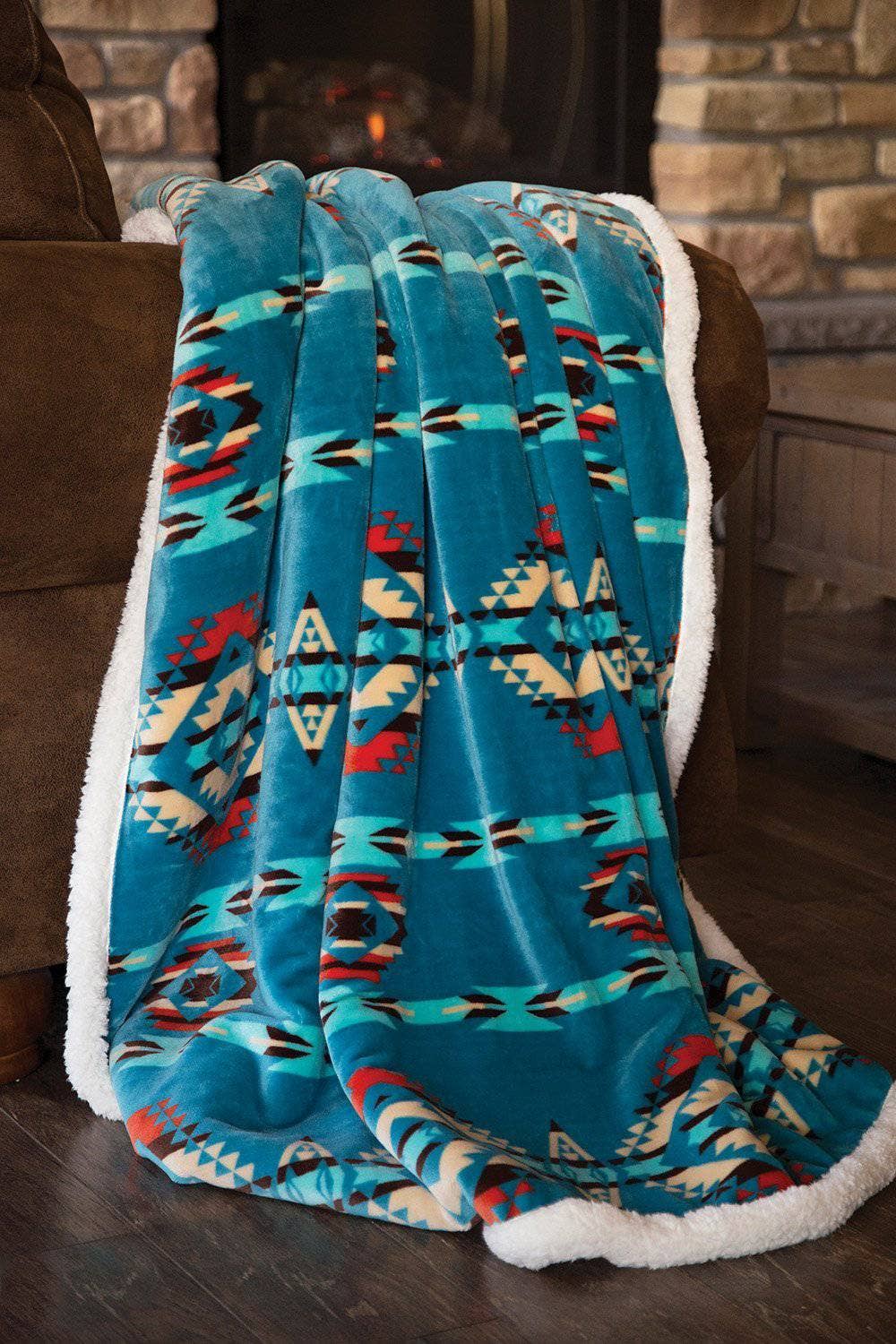 Southwestern Aztec Turquoise Plush Sherpa Throw Blanket — 54" × 68"