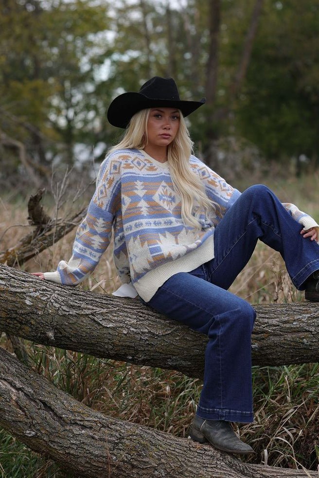 Main Strip Southwestern Knit Sweater — Oversized V-Neck with Bold Blue, Tan & Cream Print