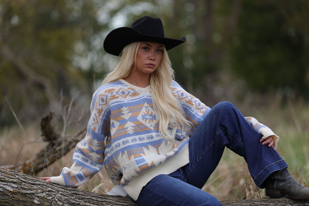 Main Strip Southwestern Knit Sweater — Oversized V-Neck with Bold Blue, Tan & Cream Print