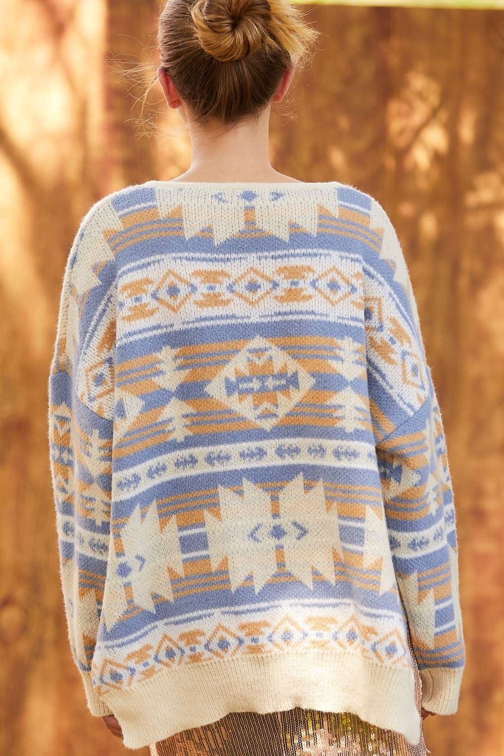 Main Strip Southwestern Knit Sweater — Oversized V-Neck with Bold Blue, Tan & Cream Print