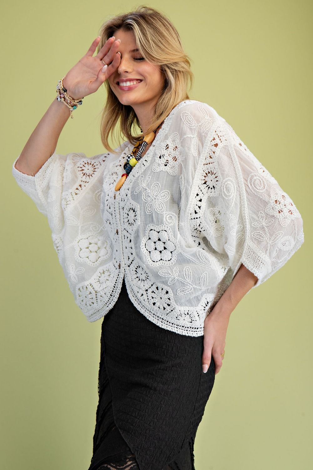 E19 Easel Dolman Sleeve Crochet Mix Button Front Cardigan Duster