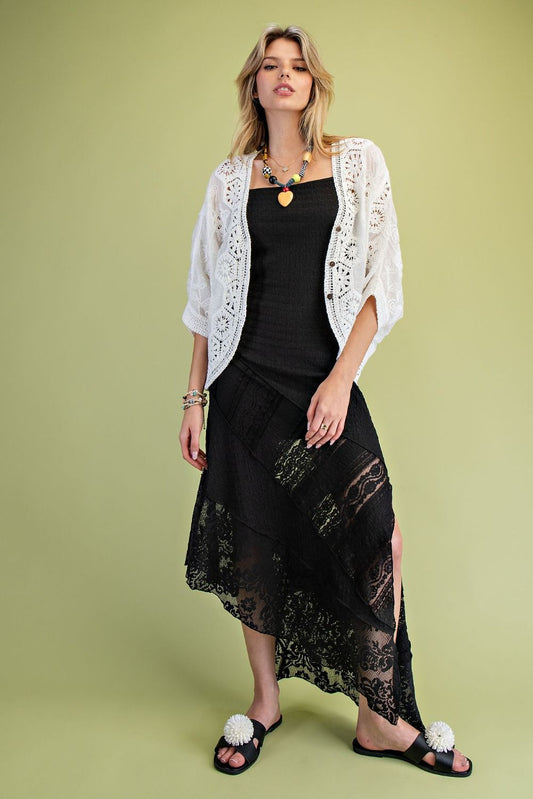 E19 Easel Dolman Sleeve Crochet Mix Button Front Cardigan Duster