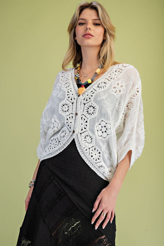 E19 Easel Dolman Sleeve Crochet Mix Button Front Cardigan Duster