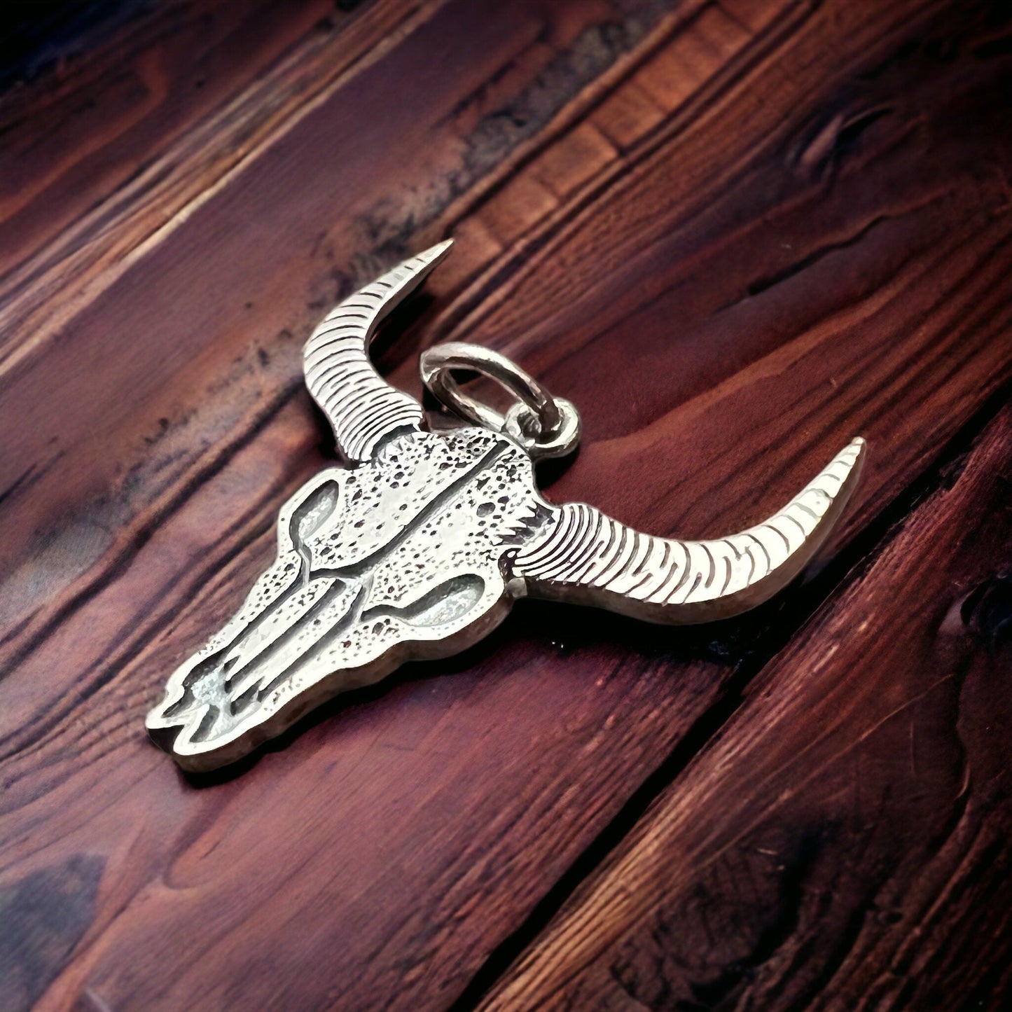 Sterling Silver Cow Skull Flat Charm/Pendant — Etched Western Statement with Oxidized Depth