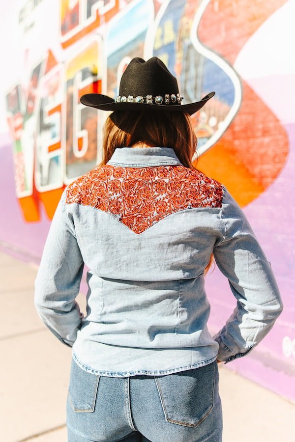 LUCKY & BLESSED Stone Wash Red Yoke Denim Western Button-Down Shirt — Premium Embroidered Cowgirl Statement