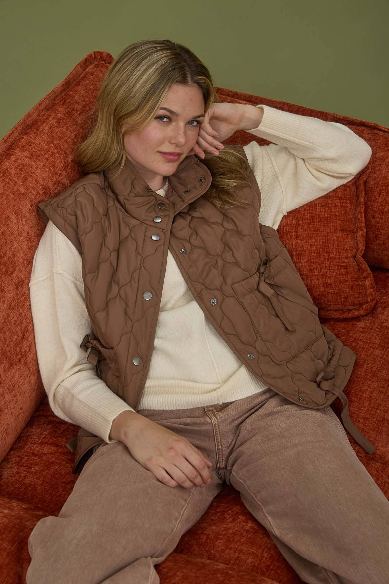 Blu Pepper Tie-Detail Snap-Button Quilted Puffer Western Vest — Mock Neckline, Functional Pockets, Multiple Colors