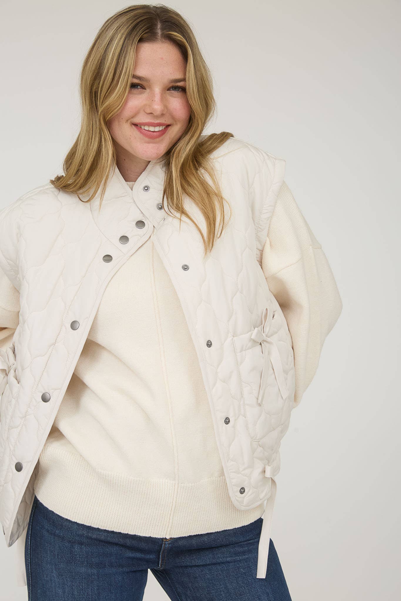 Blu Pepper Tie-Detail Snap-Button Quilted Puffer Western Vest — Mock Neckline, Functional Pockets, Multiple Colors