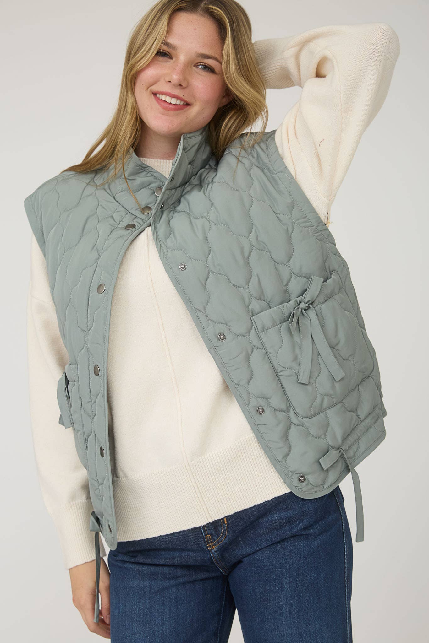 Blu Pepper Tie-Detail Snap-Button Quilted Puffer Western Vest — Mock Neckline, Functional Pockets, Multiple Colors