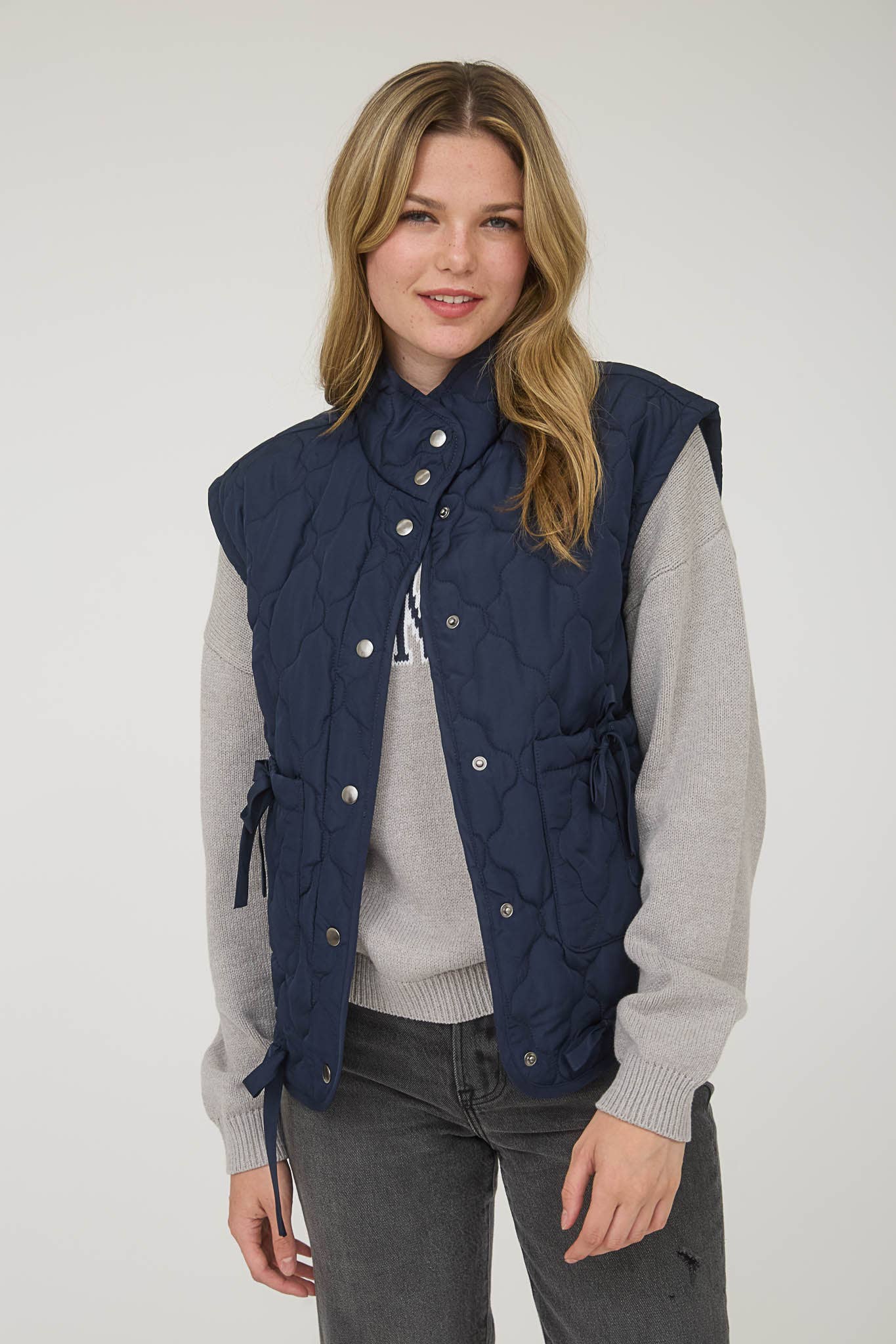 Blu Pepper Tie-Detail Snap-Button Quilted Puffer Western Vest — Mock Neckline, Functional Pockets, Multiple Colors