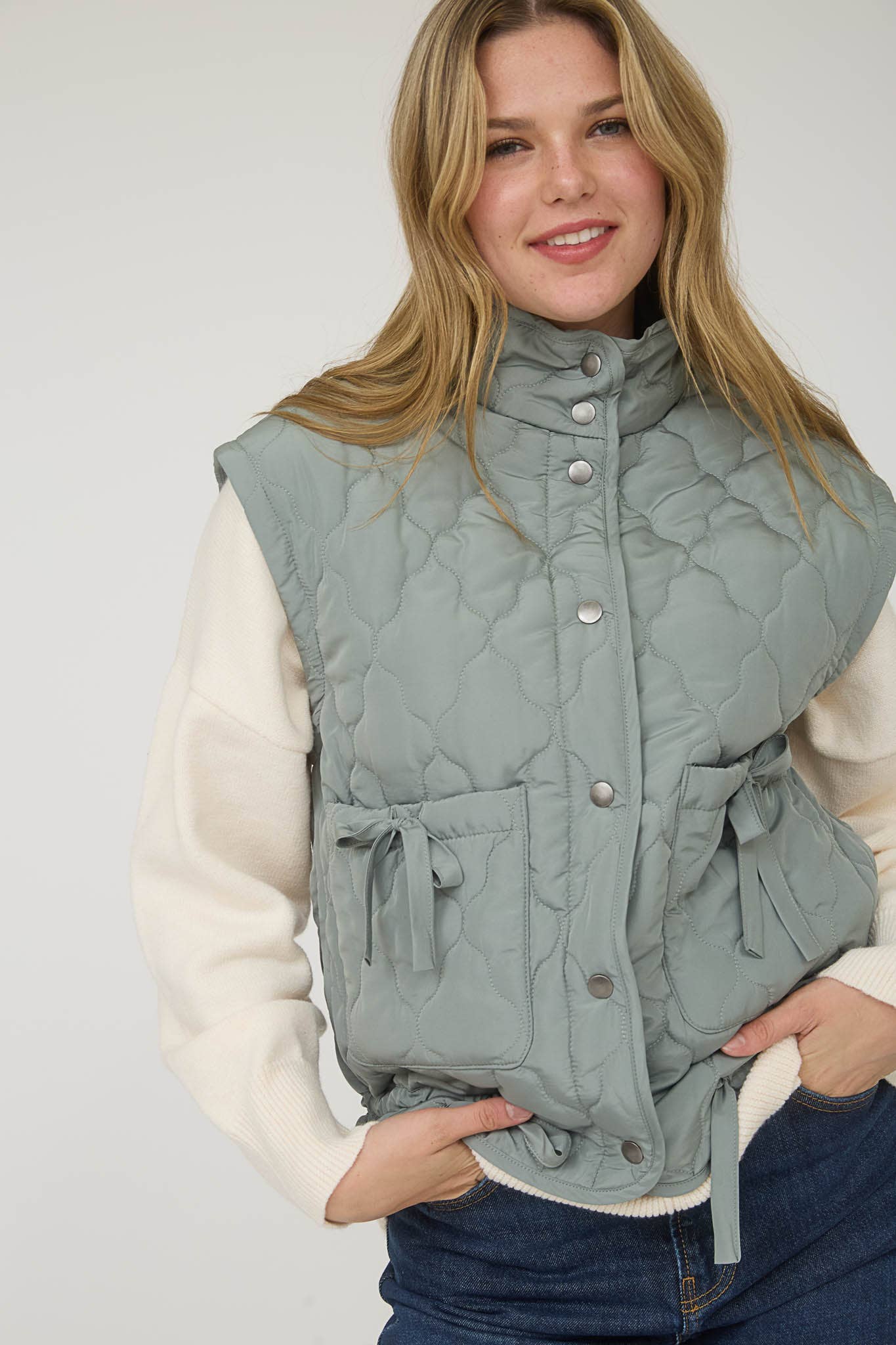 Blu Pepper Tie-Detail Snap-Button Quilted Puffer Western Vest — Mock Neckline, Functional Pockets, Multiple Colors
