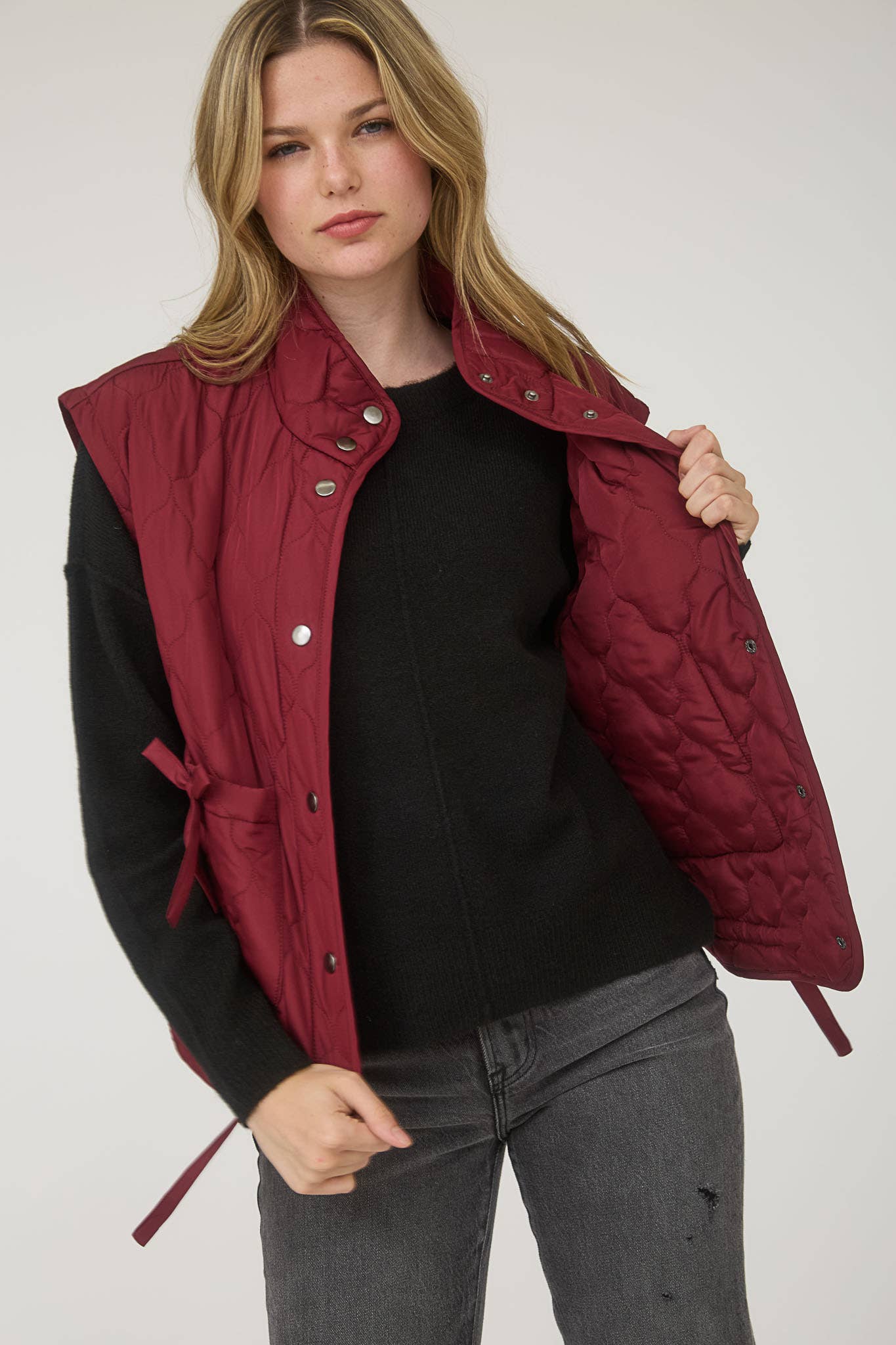 Blu Pepper Tie-Detail Snap-Button Quilted Puffer Western Vest — Mock Neckline, Functional Pockets, Multiple Colors