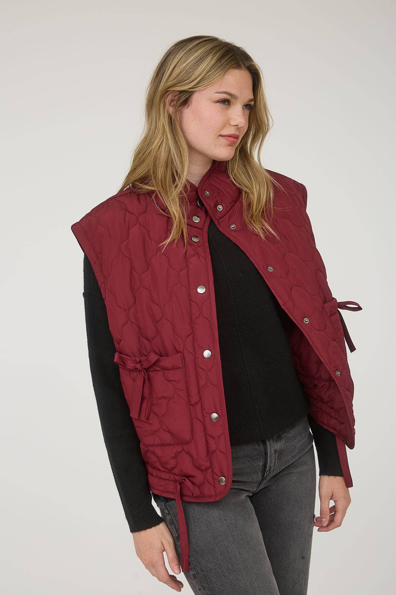 Blu Pepper Tie-Detail Snap-Button Quilted Puffer Western Vest — Mock Neckline, Functional Pockets, Multiple Colors