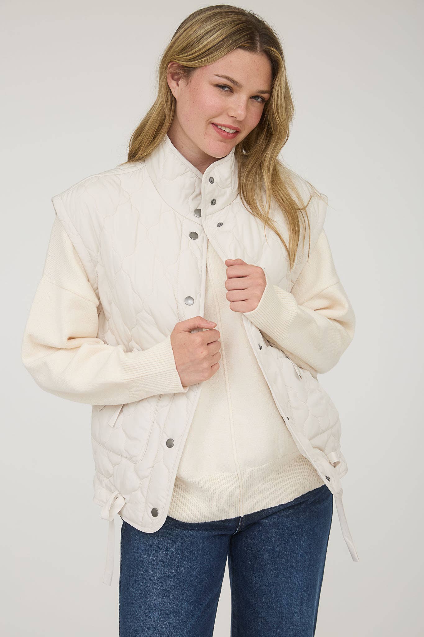 Blu Pepper Tie-Detail Snap-Button Quilted Puffer Western Vest — Mock Neckline, Functional Pockets, Multiple Colors