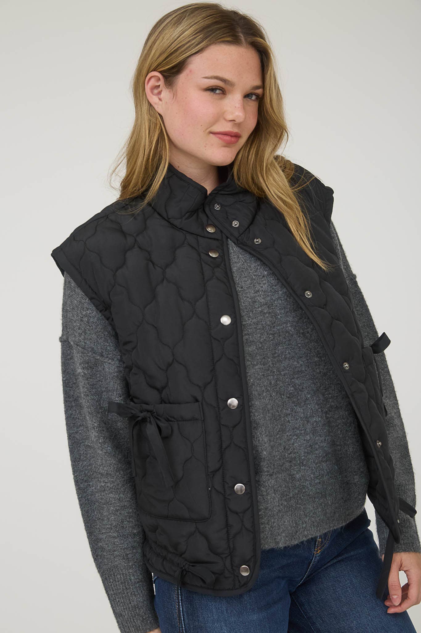 Blu Pepper Tie-Detail Snap-Button Quilted Puffer Western Vest — Mock Neckline, Functional Pockets, Multiple Colors