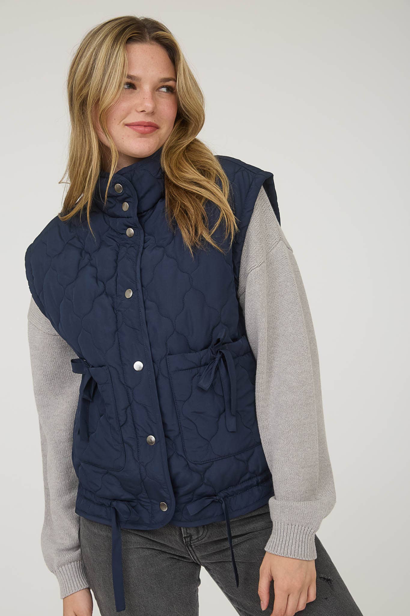 Blu Pepper Tie-Detail Snap-Button Quilted Puffer Western Vest — Mock Neckline, Functional Pockets, Multiple Colors