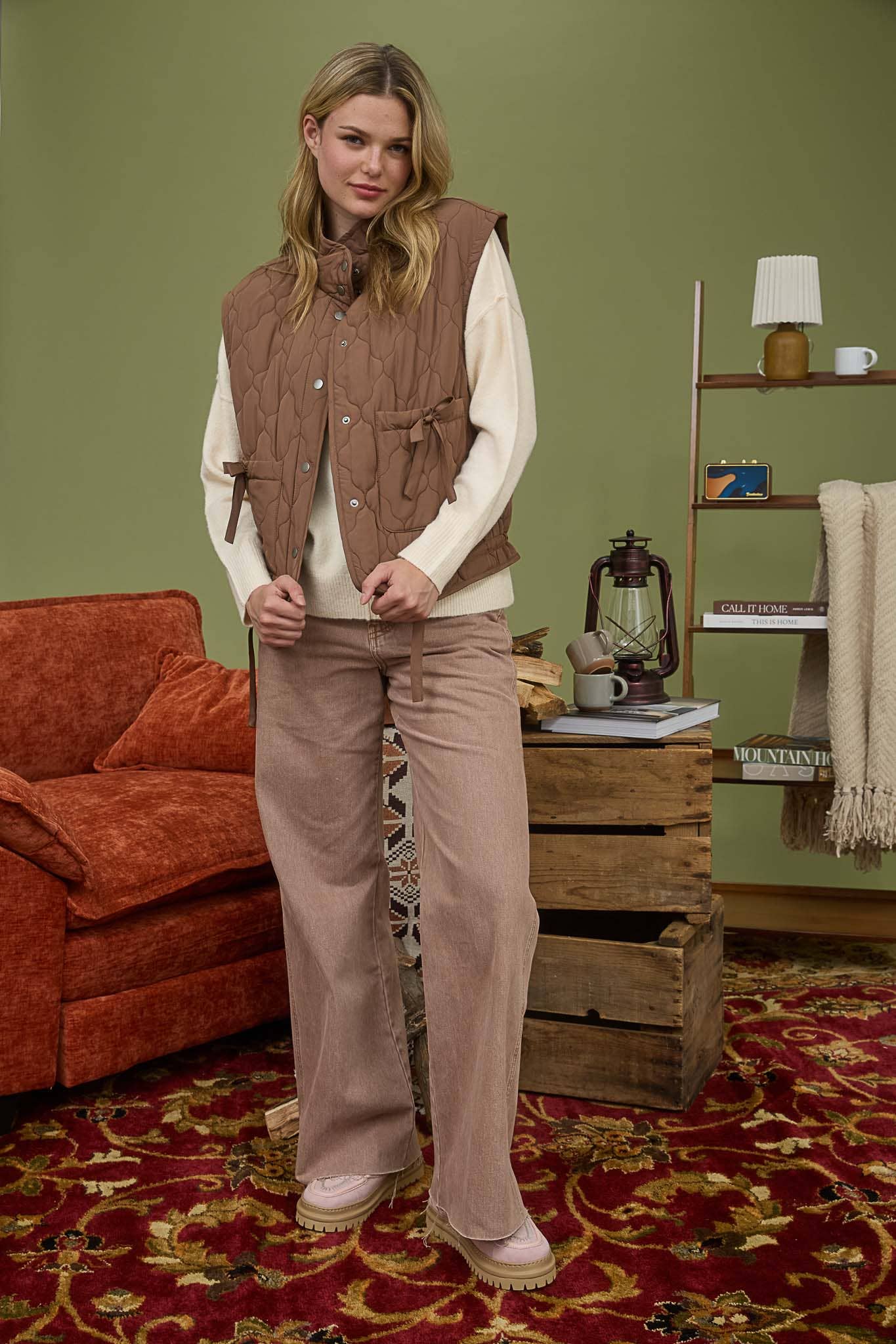 Blu Pepper Tie-Detail Snap-Button Quilted Puffer Western Vest — Mock Neckline, Functional Pockets, Multiple Colors