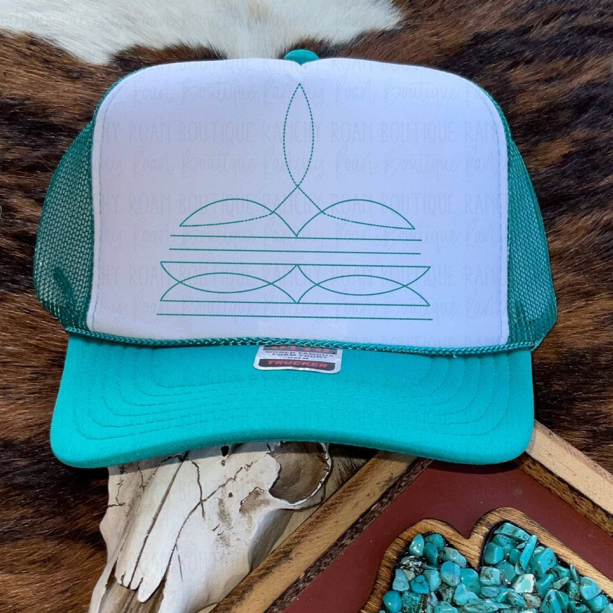 Turquoise Boot Stitch PRINT Trucker Hat — Faux-Stitch Image on Foam Front with Mesh Back