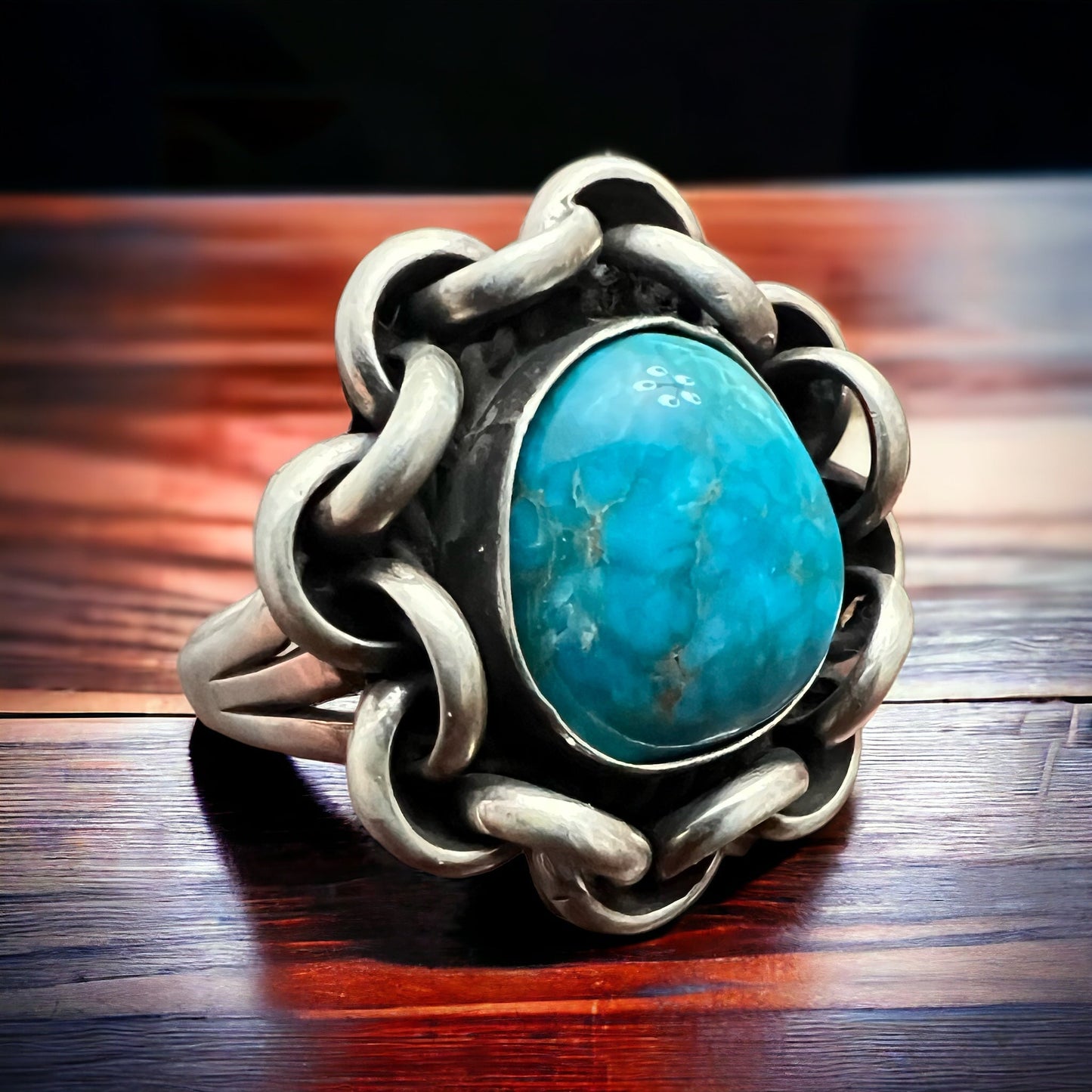 Turquoise & Sterling Silver Links Ring — Size 11