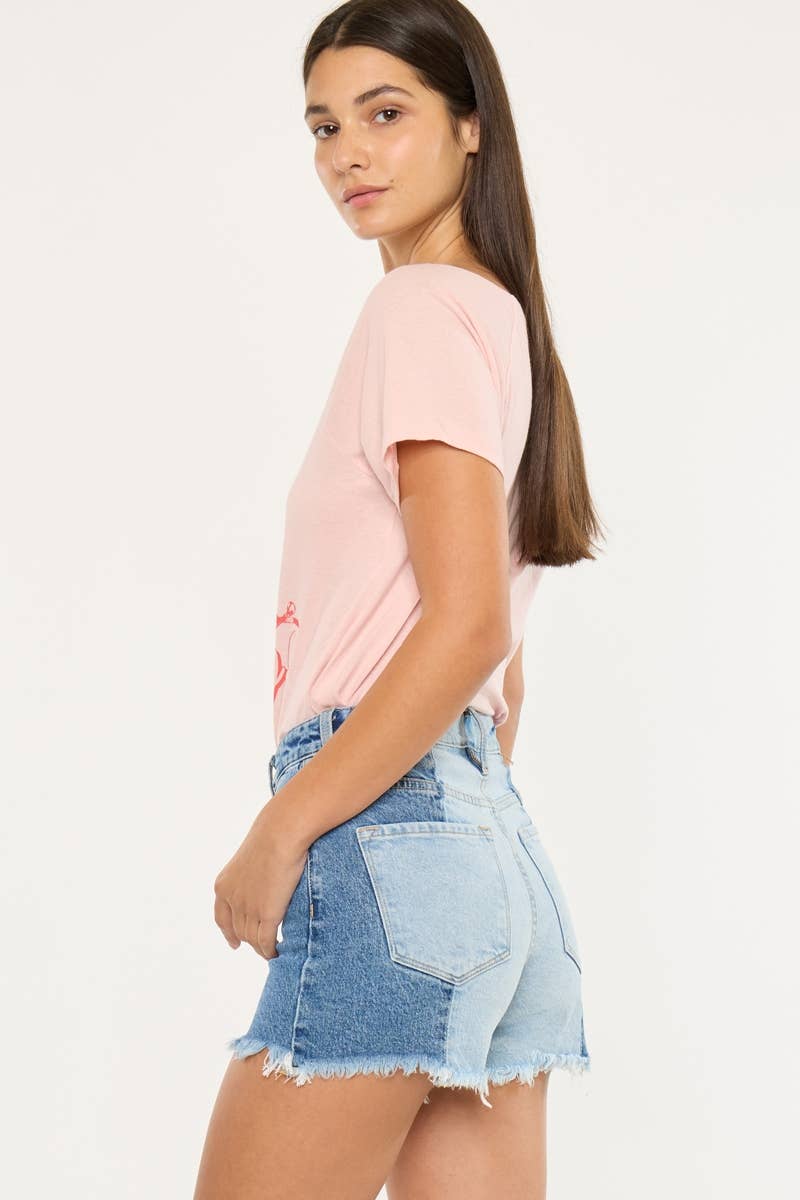 Kan Can Two-Tone Color Block Ultra High-Rise Western Denim Shorts — 11" Rise with Raw Frayed Hem - medium and larges remain
