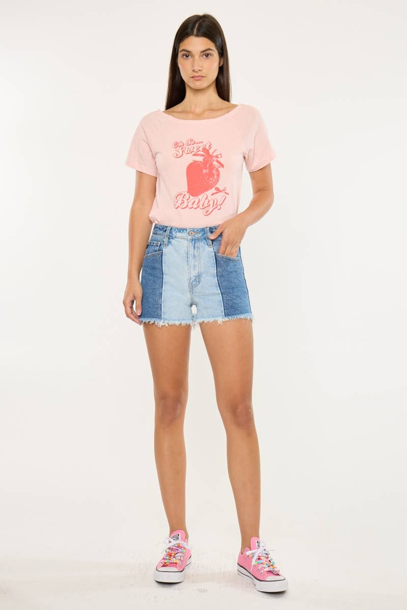 Kan Can Two-Tone Color Block Ultra High-Rise Western Denim Shorts — 11" Rise with Raw Frayed Hem - medium and larges remain
