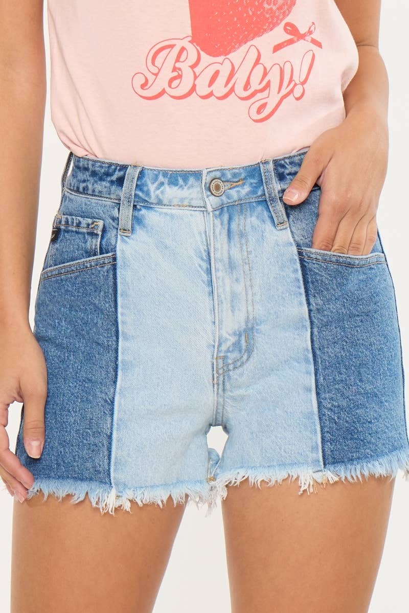 Kan Can Two-Tone Color Block Ultra High-Rise Western Denim Shorts — 11" Rise with Raw Frayed Hem - medium and larges remain