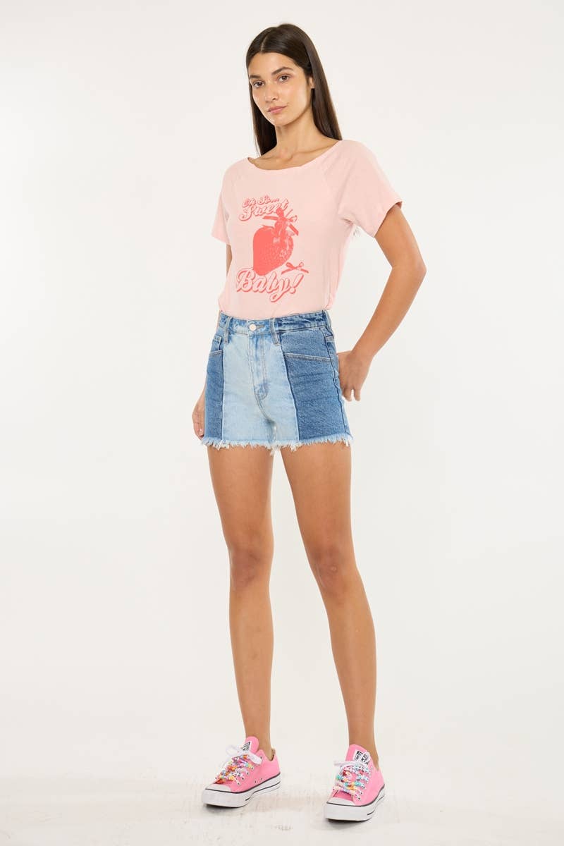 Kan Can Two-Tone Color Block Ultra High-Rise Western Denim Shorts — 11" Rise with Raw Frayed Hem - medium and larges remain