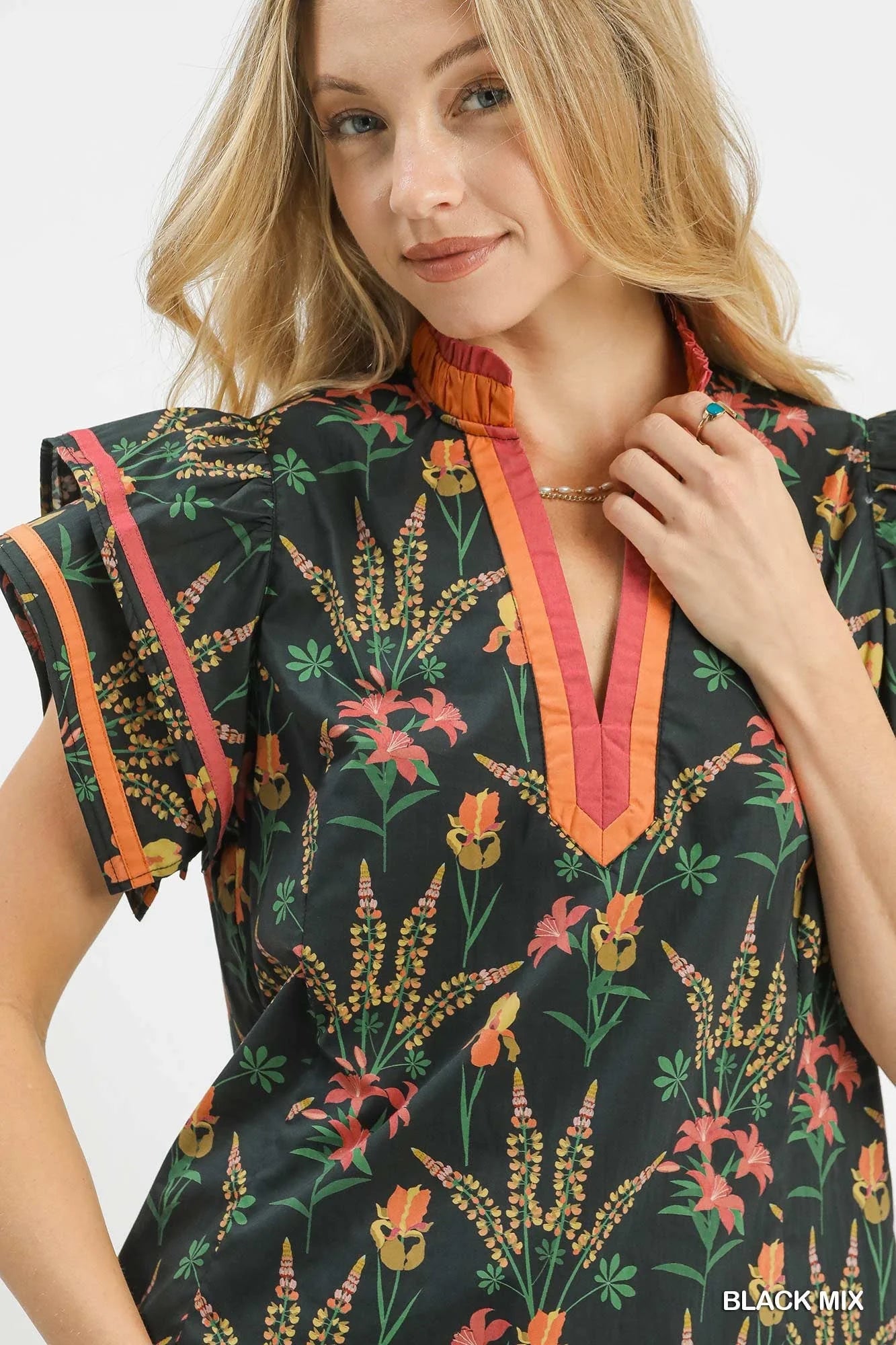 Black Mix Floral Print Blouse with Contrast Trim by Umgee
