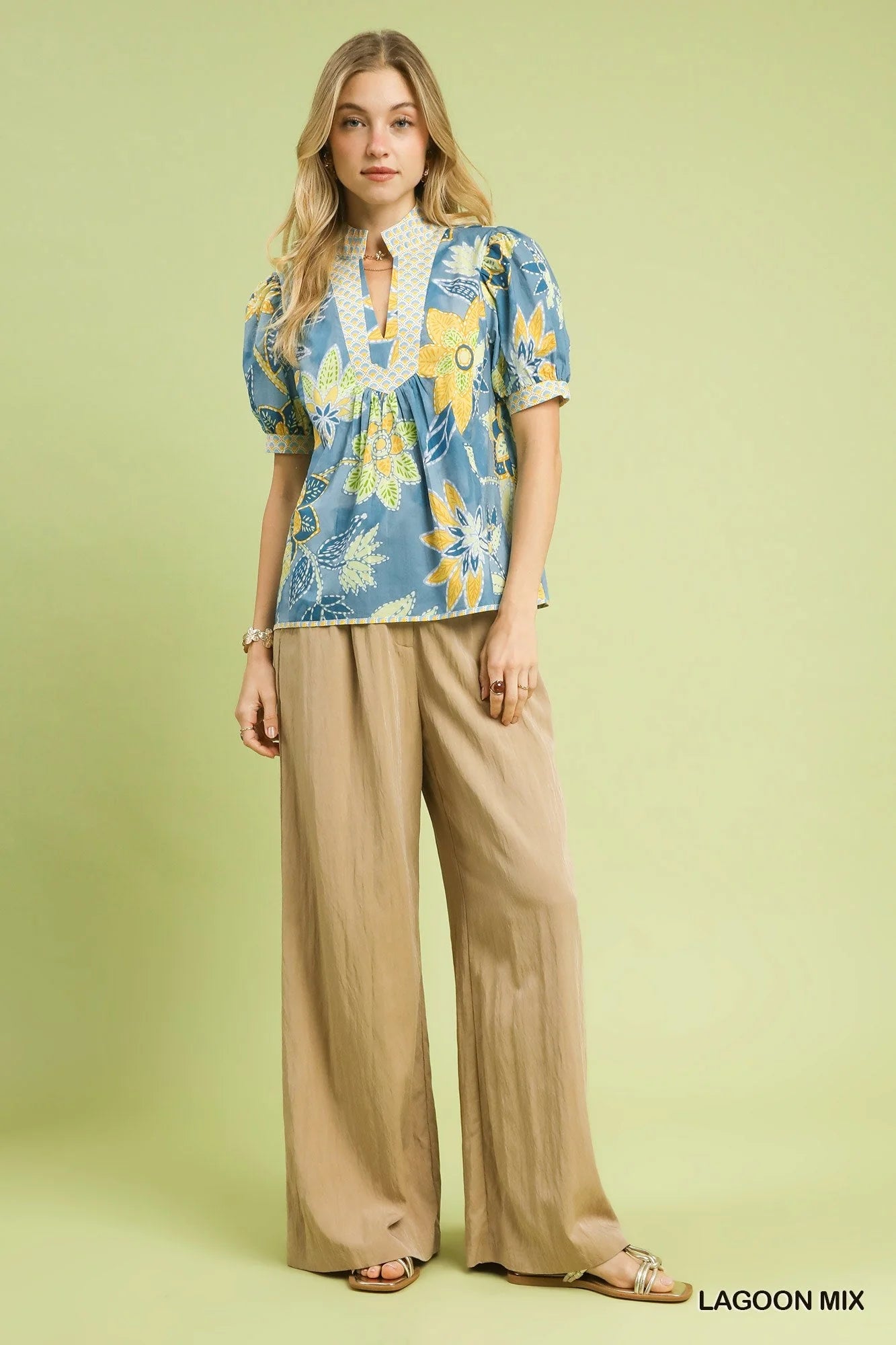 Lagoon Mixed Abstract Print Puff Sleeve Blouse by Umgee