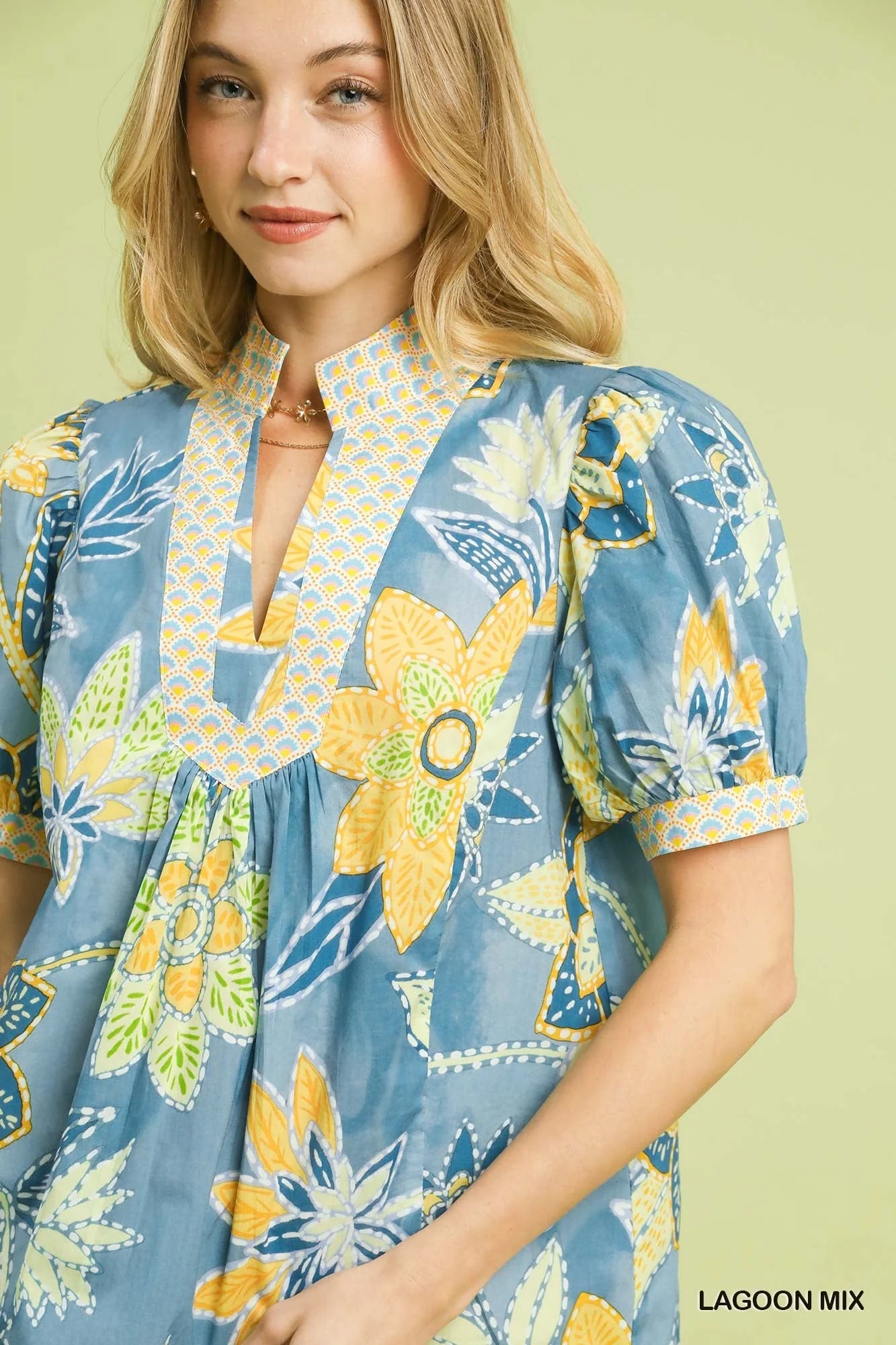 Lagoon Mixed Abstract Print Puff Sleeve Blouse by Umgee