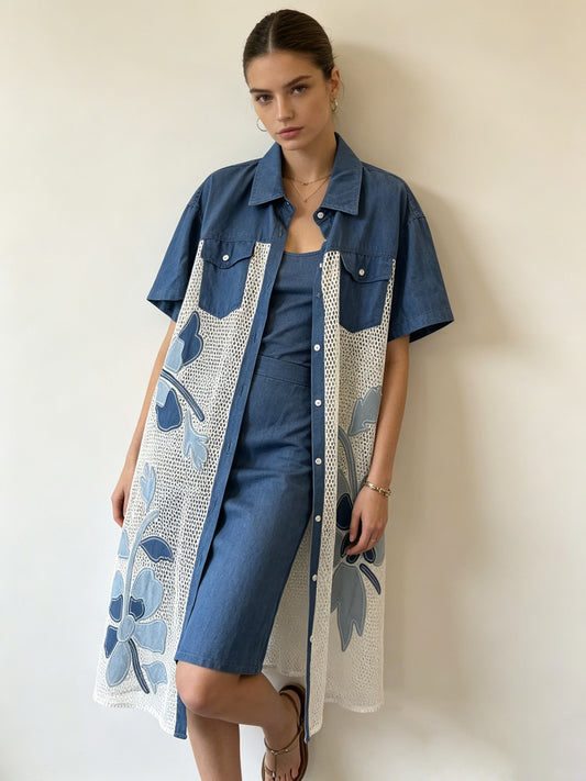 SO2 Italian Plus-size Denim Mesh Shirt Dress with Floral Patches