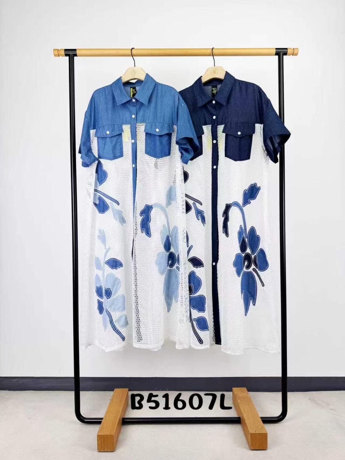 SO2 Italian Plus-size Denim Mesh Shirt Dress with Floral Patches