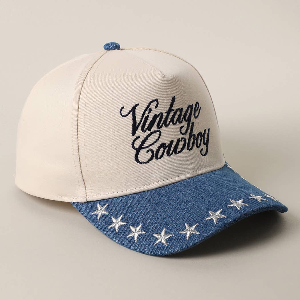 "Vintage Cowboy" Embroidered Star Brim Trucker Hat — Denim Brim with 5-Panel Cotton Construction