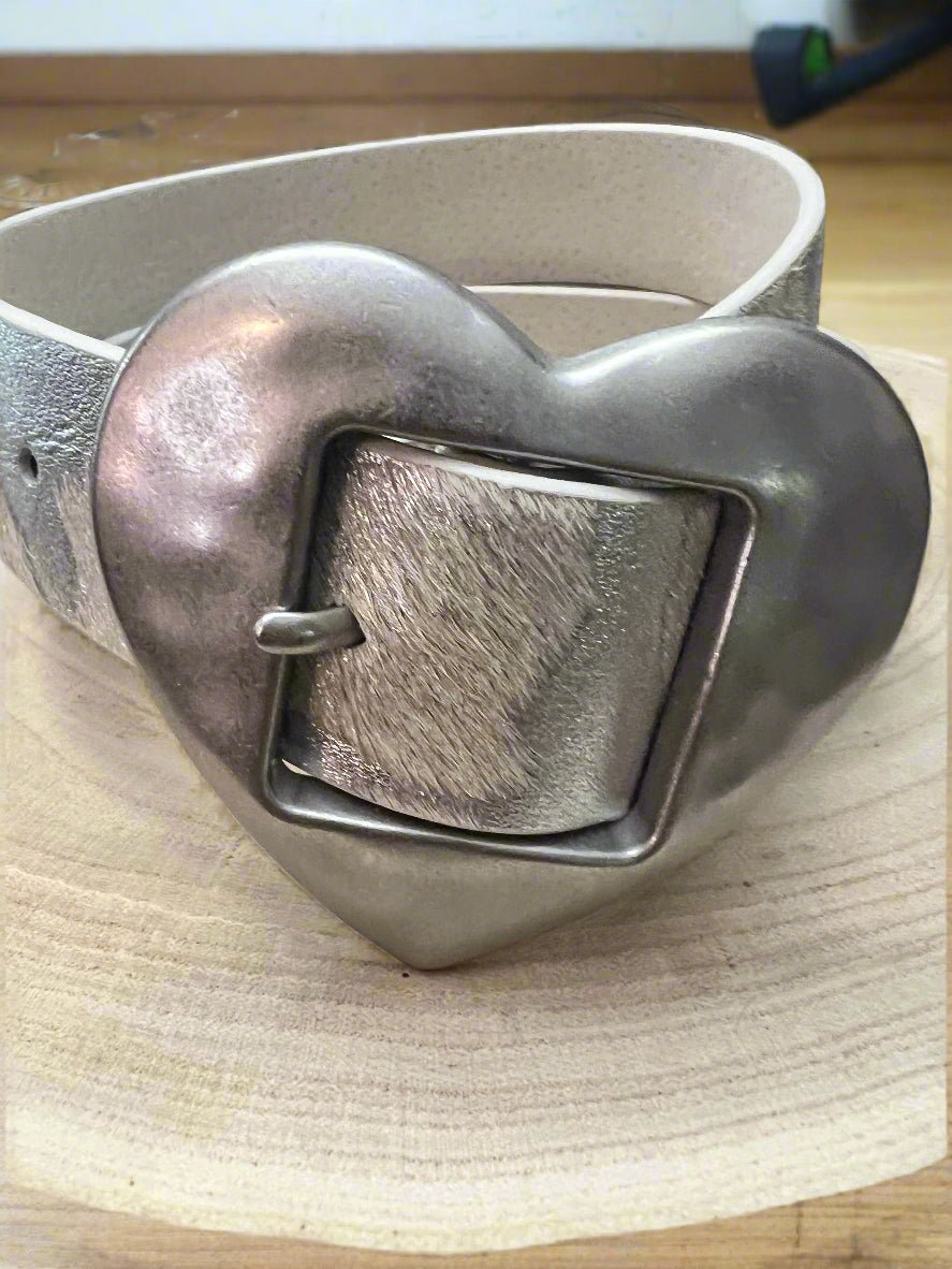 Vintage Heart Buckle Western Belt — Genuine Cow Hair Leather