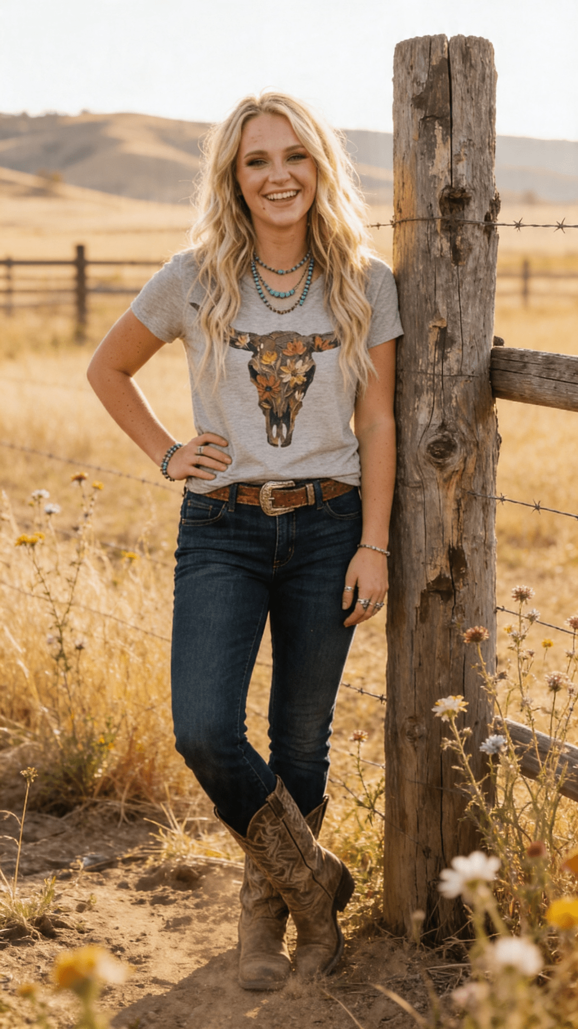 Vintage Wildflower Bull Skull Western Boho Graphic Tee — Cotton-Poly Blend Desert Botanical