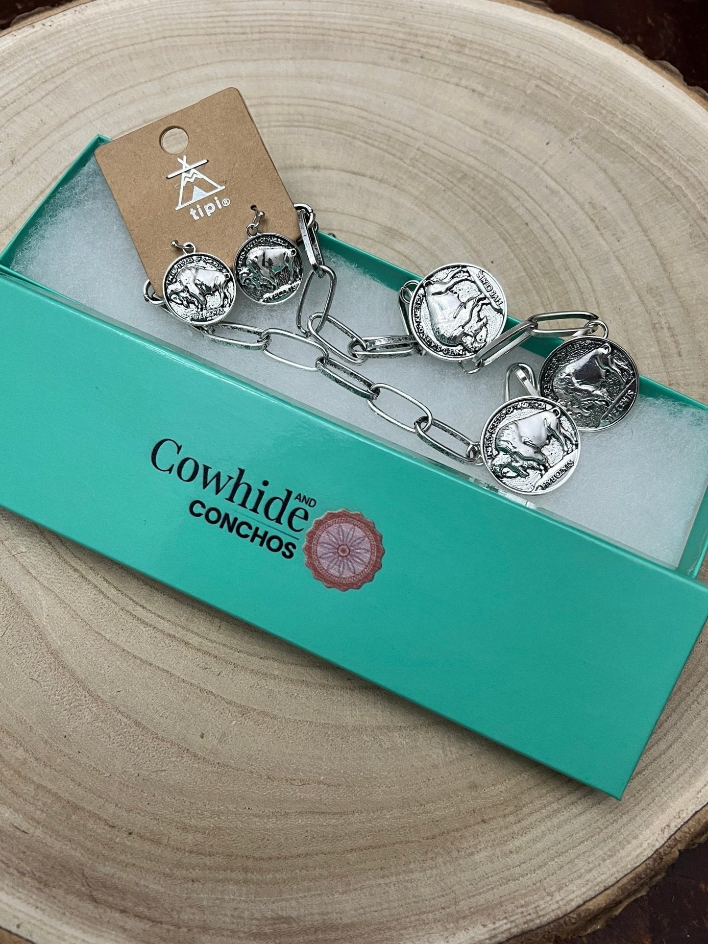 Western Rustic Buffalo Coin Choker & Earring Set — Burnished Silver Western Jewelry Duo