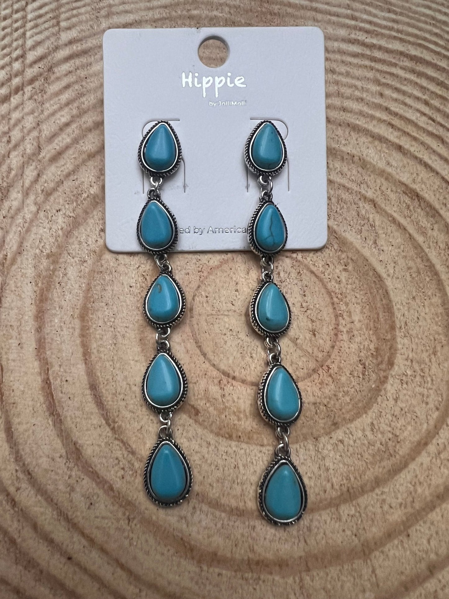 Western 5-Teardrop Faux Turquoise Dangle Earrings — Bold 3½" Statement Drop