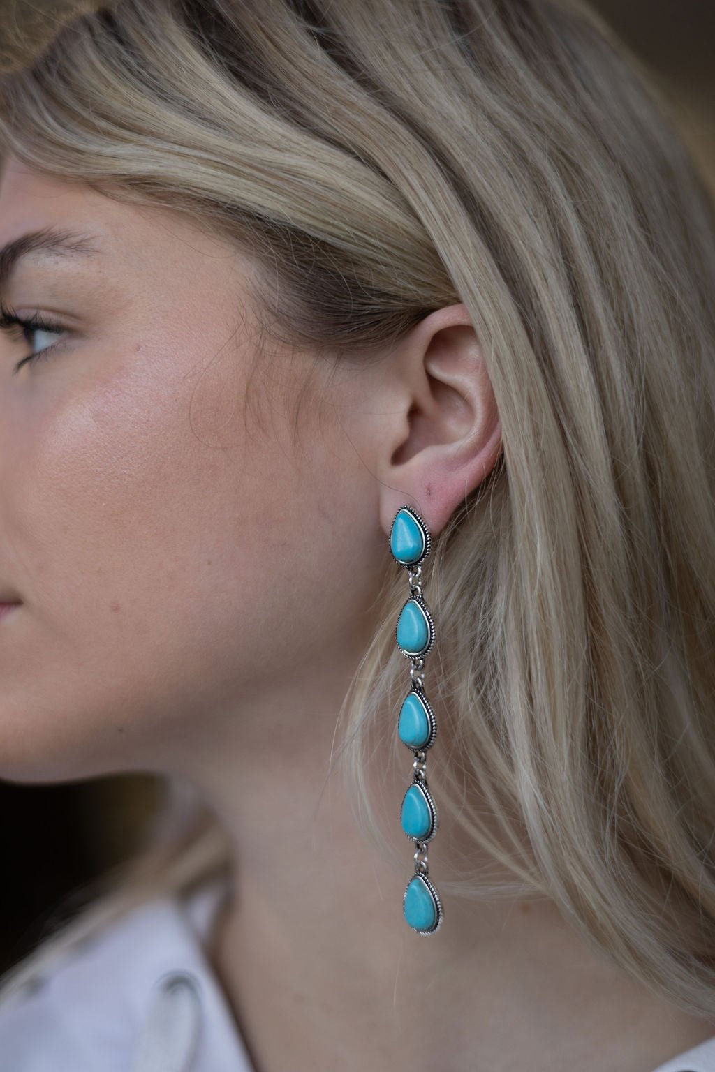 Western 5-Teardrop Faux Turquoise Dangle Earrings — Bold 3½" Statement Drop