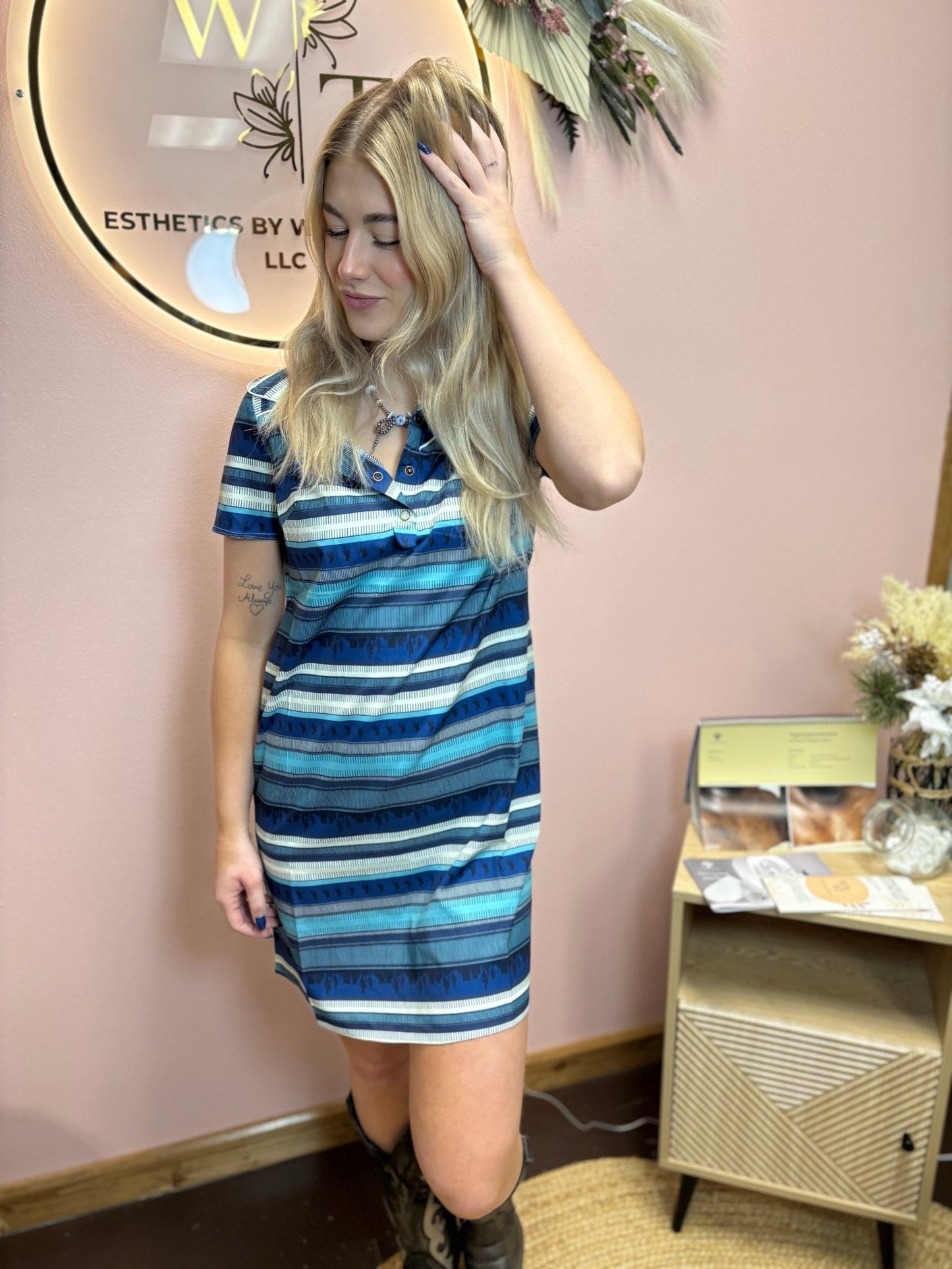 LUCKY & BLESSED "Desert Horizon" Blue Serape Western Polo Dress with Pockets — Southwestern Stretch Knit