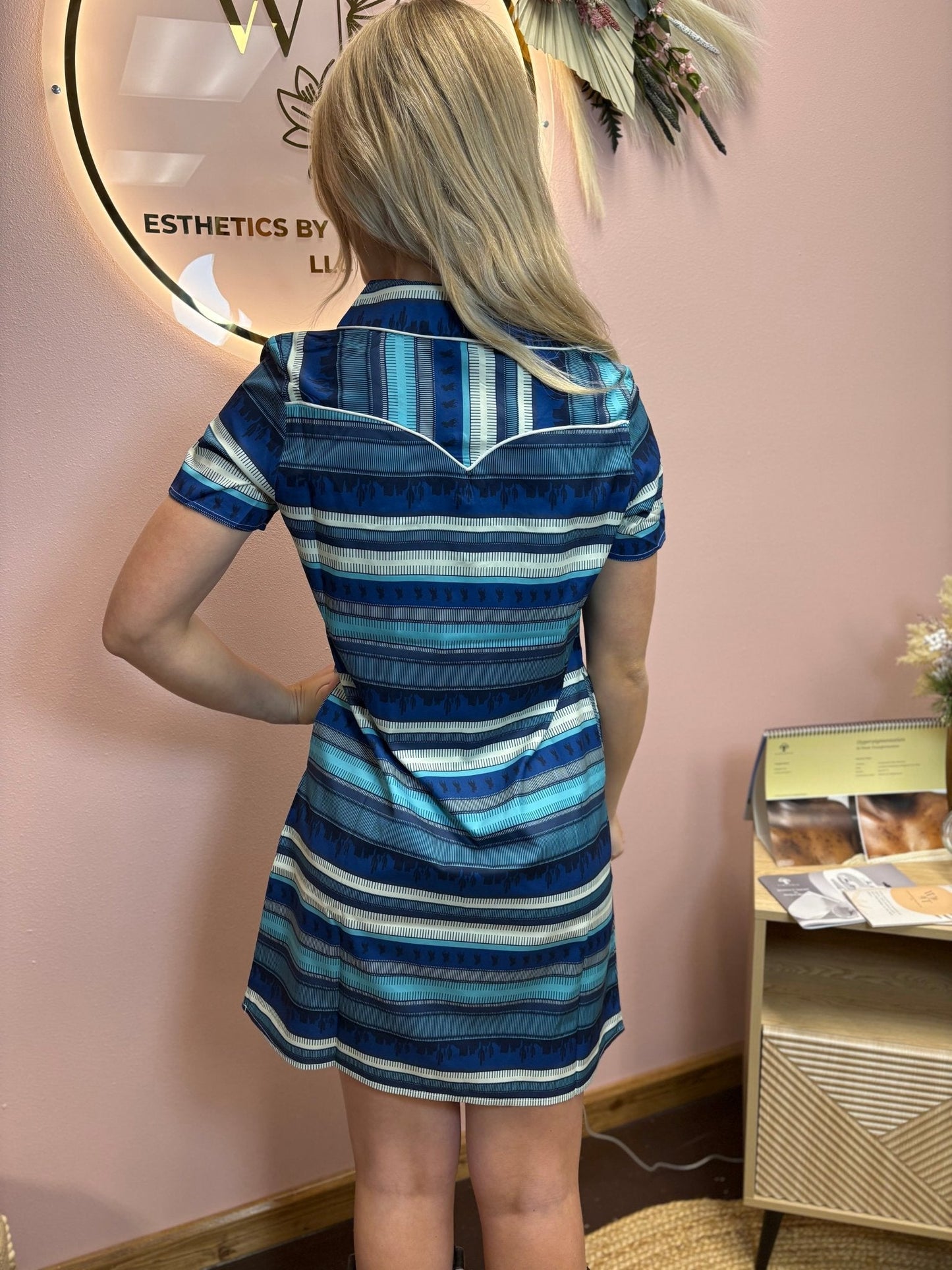 LUCKY & BLESSED "Desert Horizon" Blue Serape Western Polo Dress with Pockets — Southwestern Stretch Knit