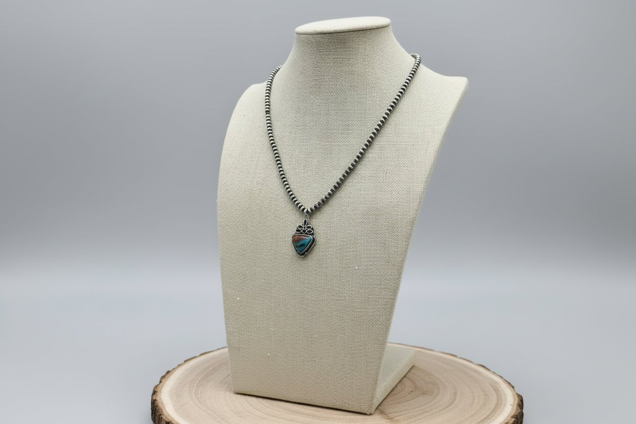 Western Boot Stitch Pendant Pearl Necklace with Faux Turquoise — 18 Inch