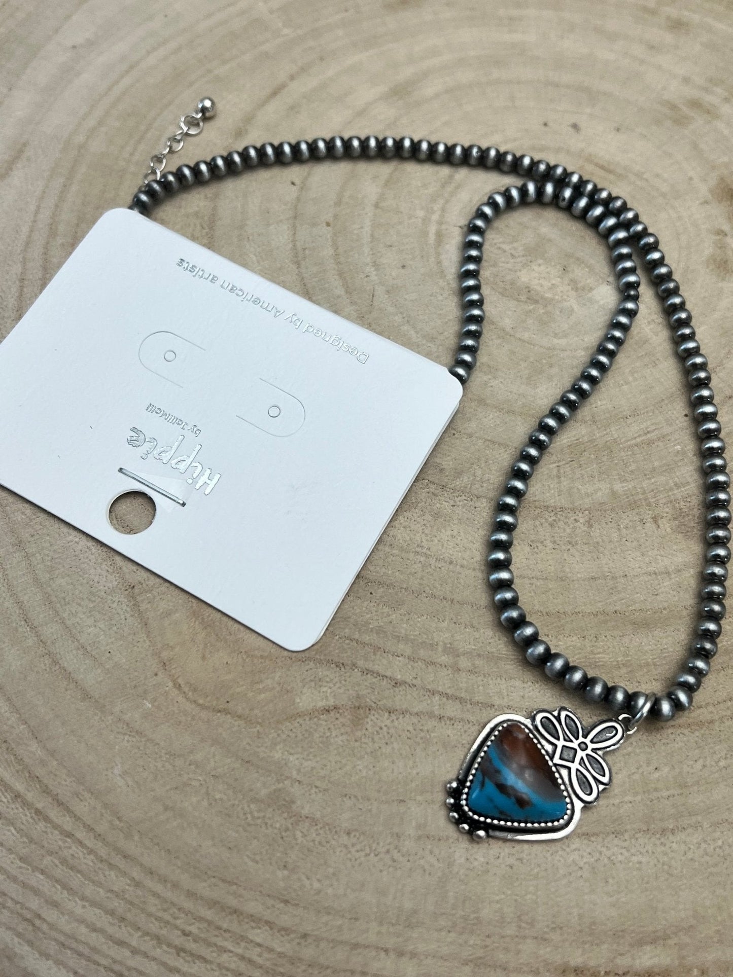 Western Boot Stitch Pendant Pearl Necklace with Faux Turquoise — 18 Inch